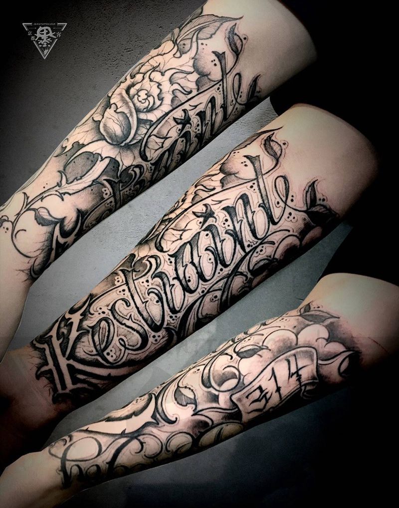 京都墨客刺青花体字纹身纹身图片_手臂手部图腾花体字纹身图案