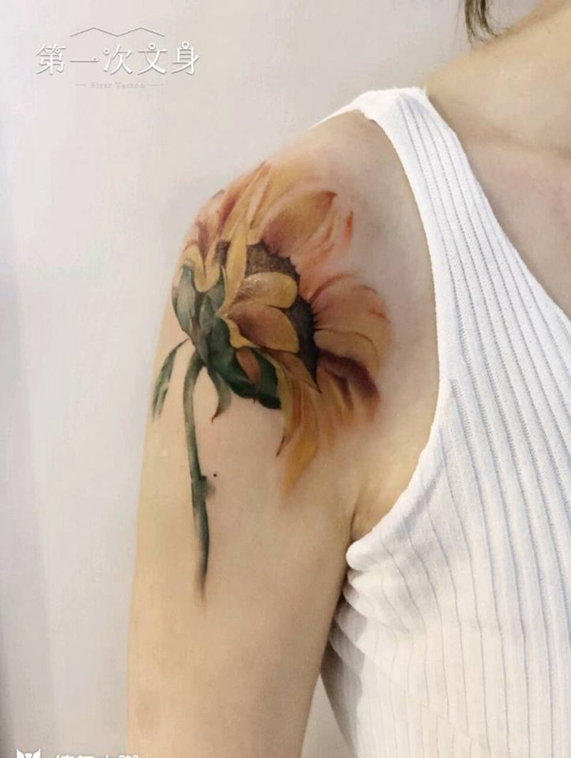 向日葵纹身图片_手臂水彩纹身图案