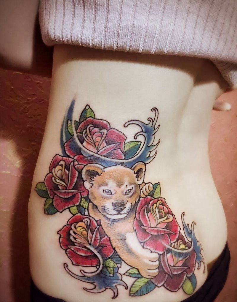 京都墨客刺青-狮子纹身图片_腰部成品手稿原创动物纹身图案