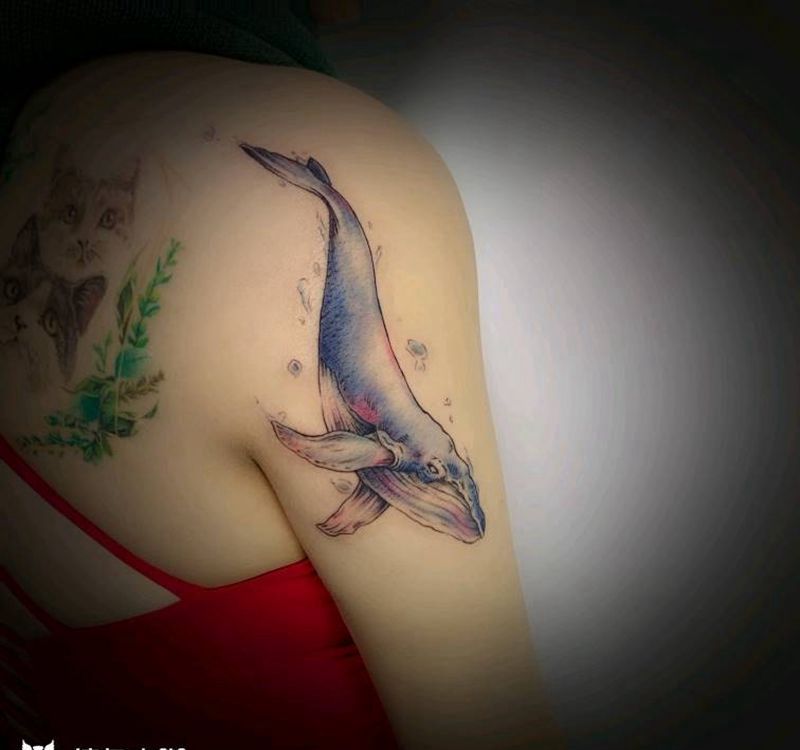 鲸鱼纹身图片_手臂水彩纹身图案