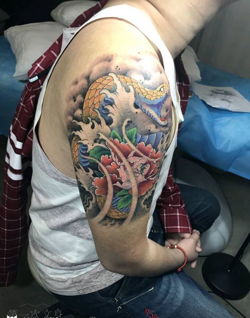蛇与牡丹纹身图片_腰部背部手臂腿部传统动物植物蛇牡丹成品纹身图案
