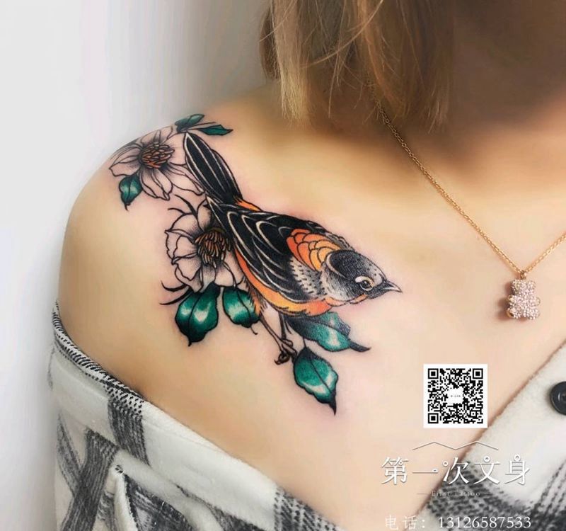 鸟纹身图片_颈部肩部New School纹身图案