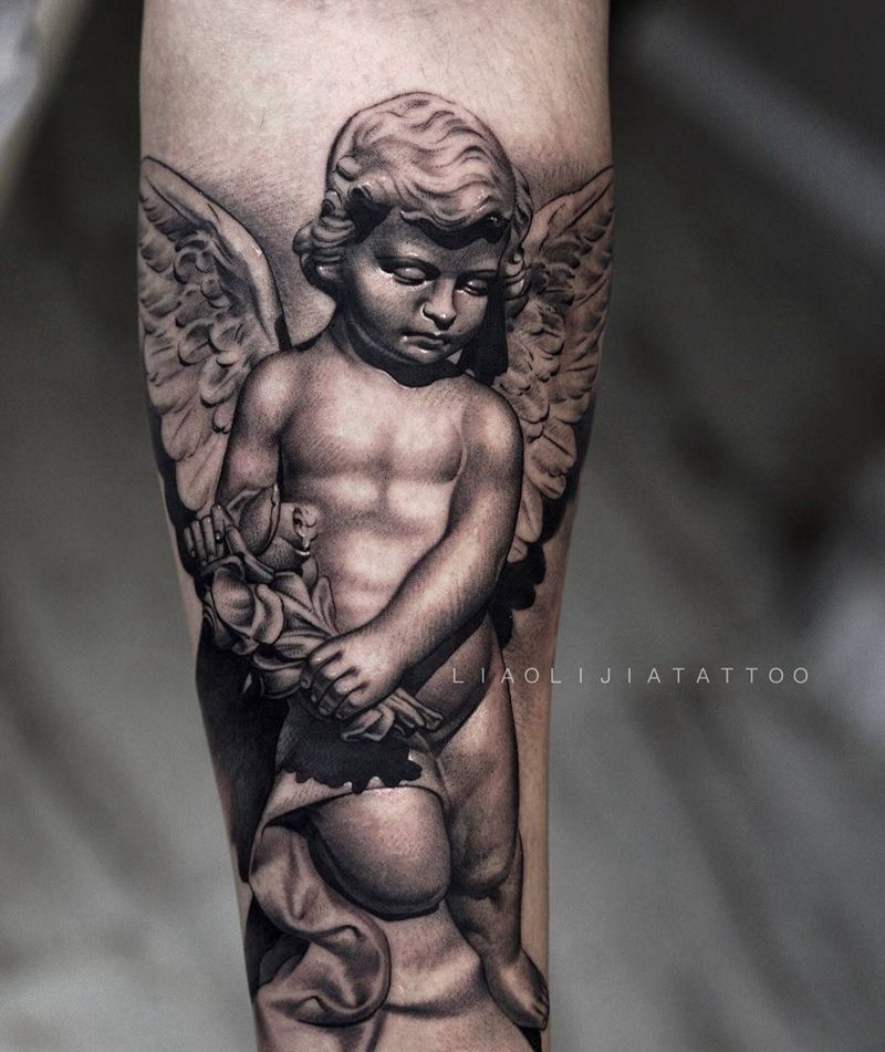 小天使雕塑纹身图片_成品原创写实人物手臂欧美纹身图案