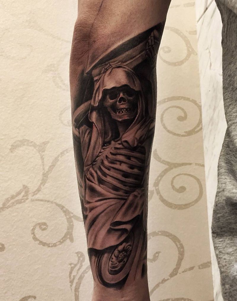 地狱天使纹身图片_成品写实欧美肖像手臂原创宗教纹身图案