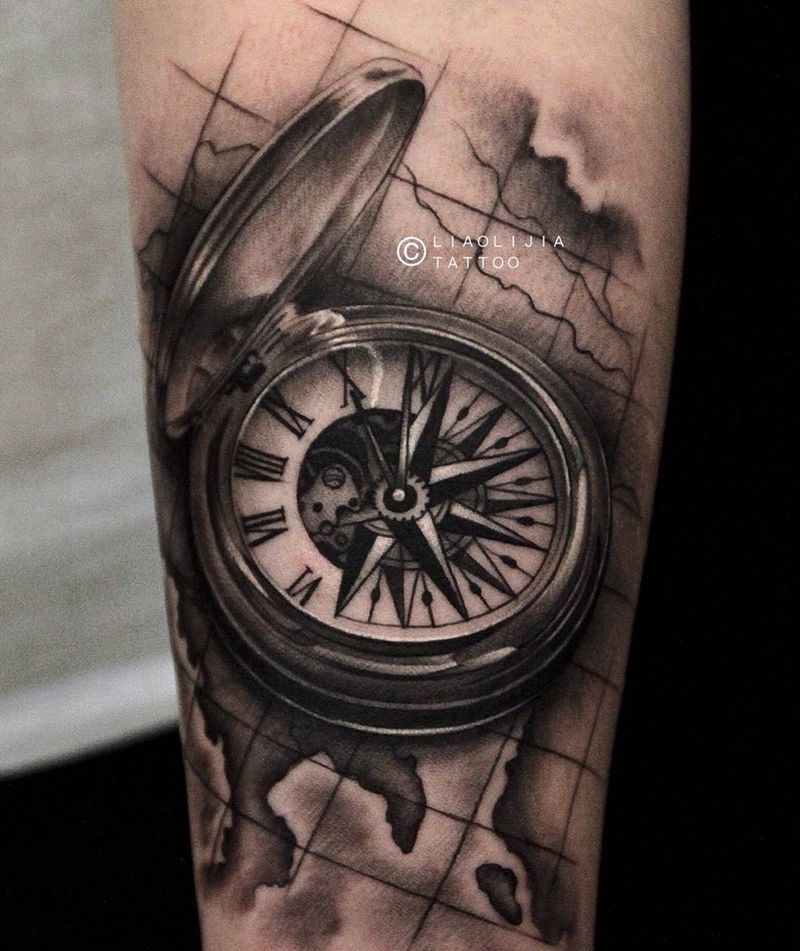 指南针罗盘纹身图片_成品手臂欧美写实原创纹身图案
