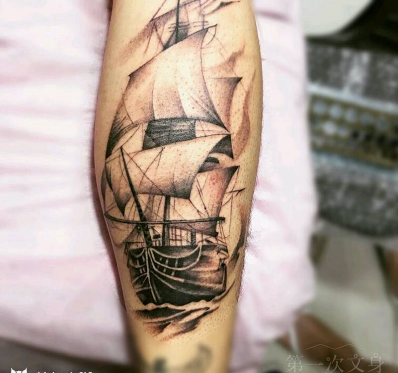 帆船纹身图片_腰部背部手臂腿部欧美静物成品纹身图案