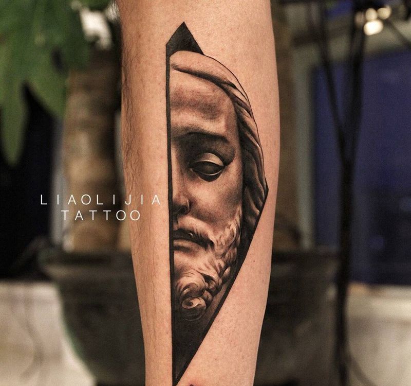 Jesus纹身图片_成品腿部写实欧美肖像原创宗教纹身图案