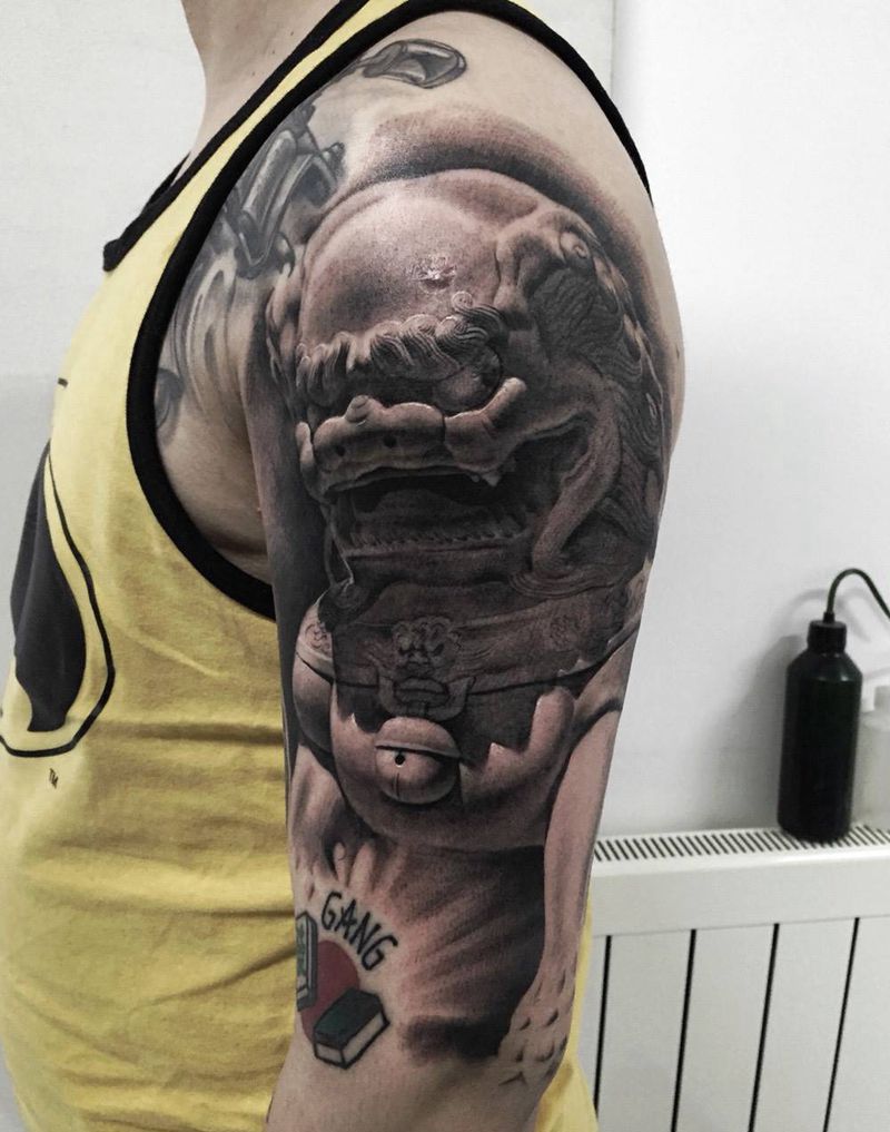 狮子纹身图片_成品手臂传统写实欧美原创宗教纹身图案