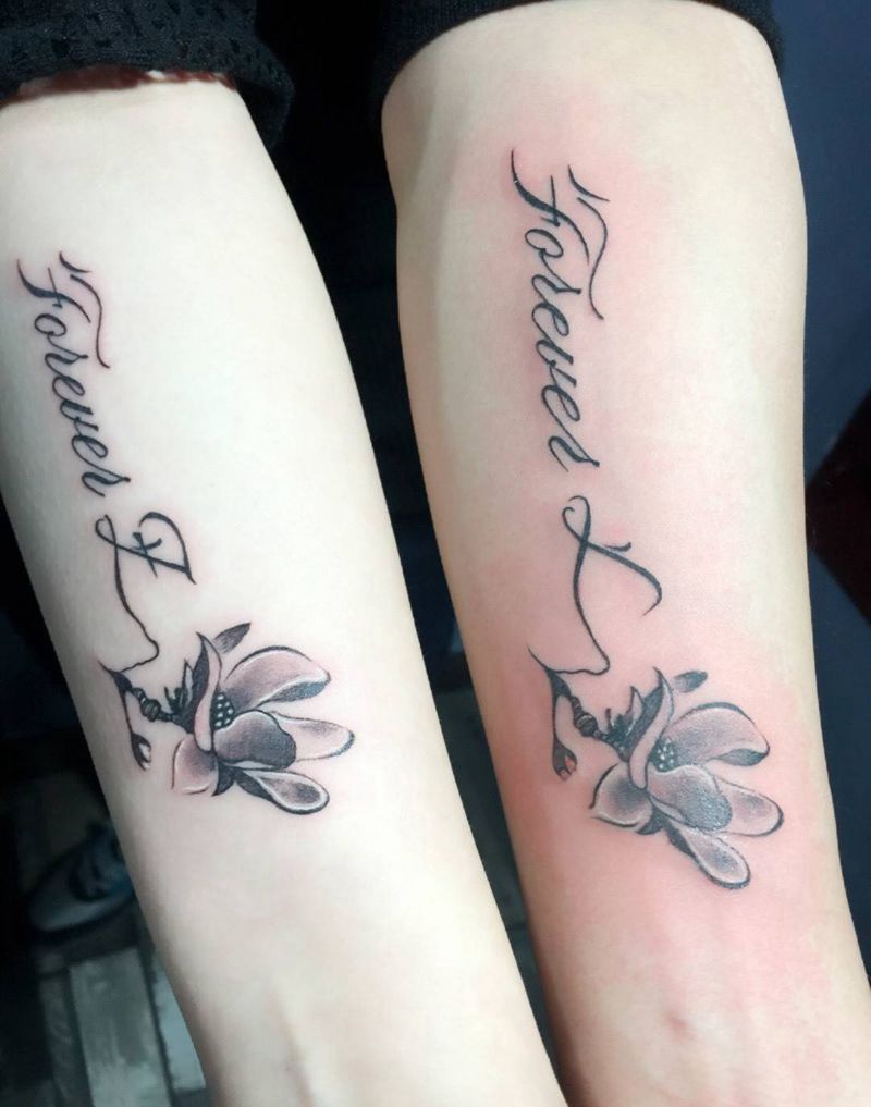 情侣纹身图片_手臂成品字母荷花清新情侣纹身图案