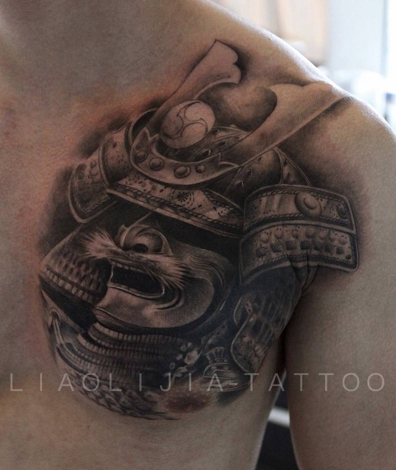武士纹身图片_胸部写实原创成品纹身图案