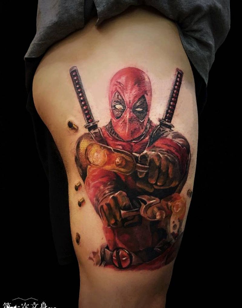 死侍纹身图片_腿部欧美写实纹身图案
