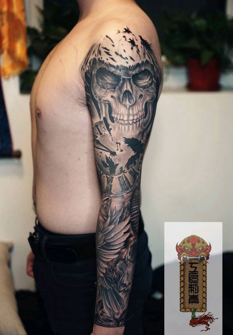 死神花臂纹身图片_手臂欧美肖像写实鬼神原创纹身图案