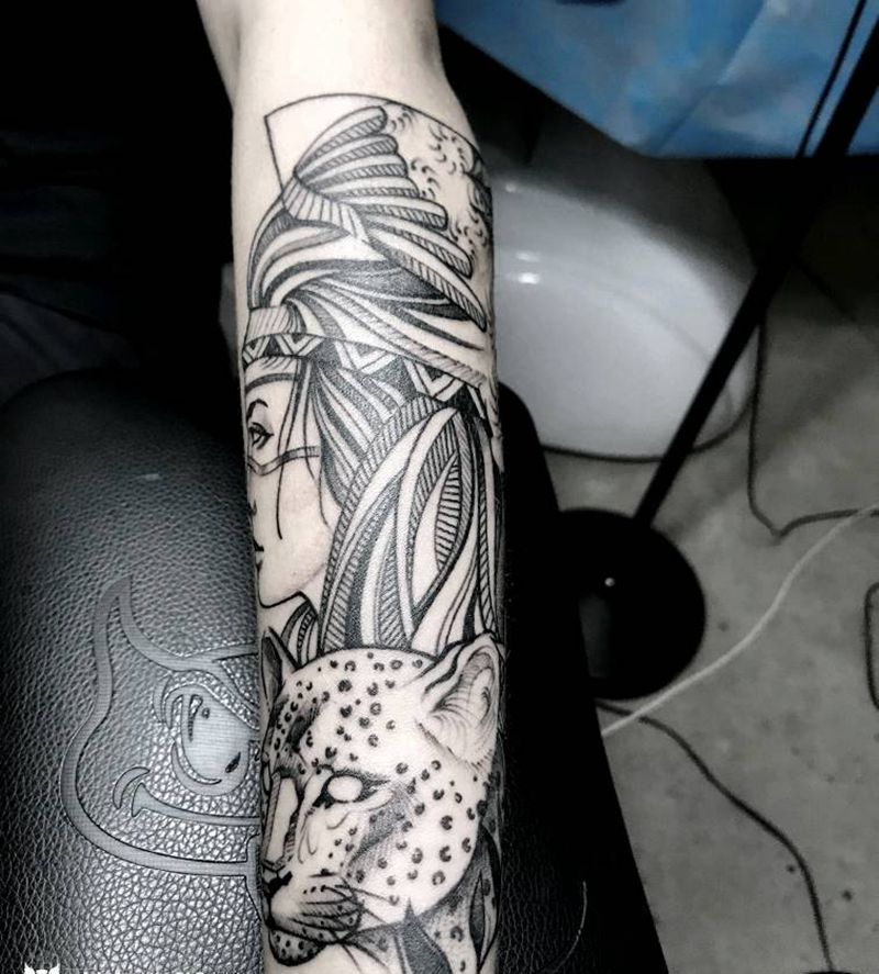 印第安女神纹身图片_胸部背部手臂腿部欧美几何人物印第安成品纹身图案