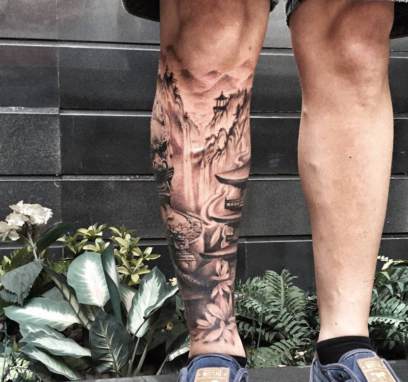 我的作品纹身图片_成品腿部写实传统国画原创纹身图案