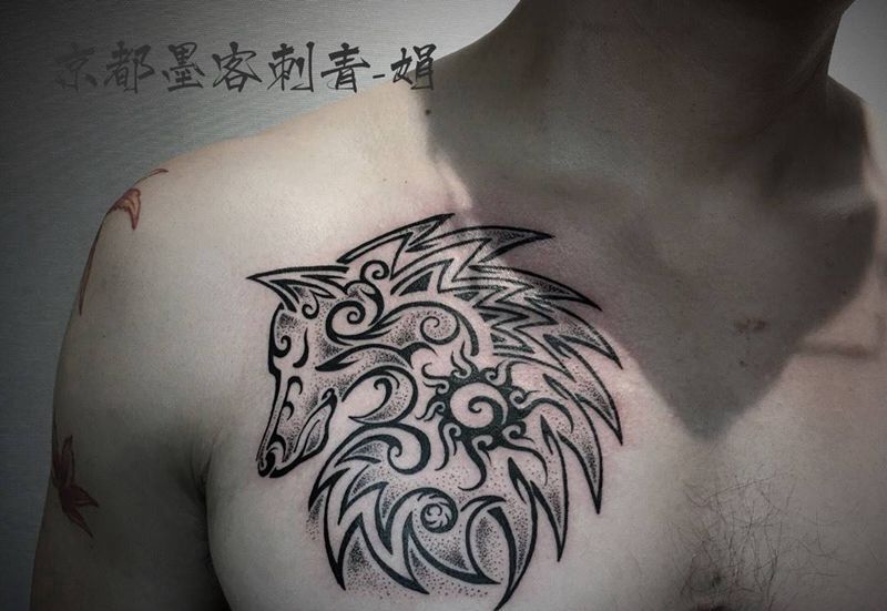 京都墨客刺青-娟姐纹身图片_成品胸部手稿原创动物图腾写实国画习俗传统纹身图案