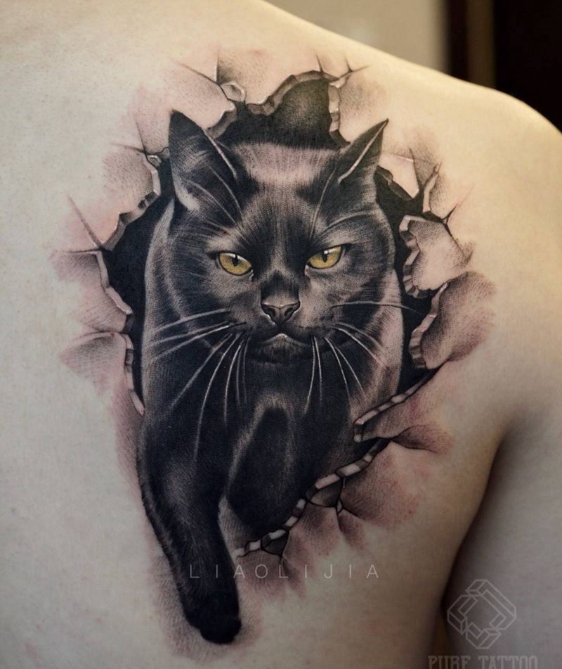 黑猫纹身图片_成品欧美原创写实背部纹身图案