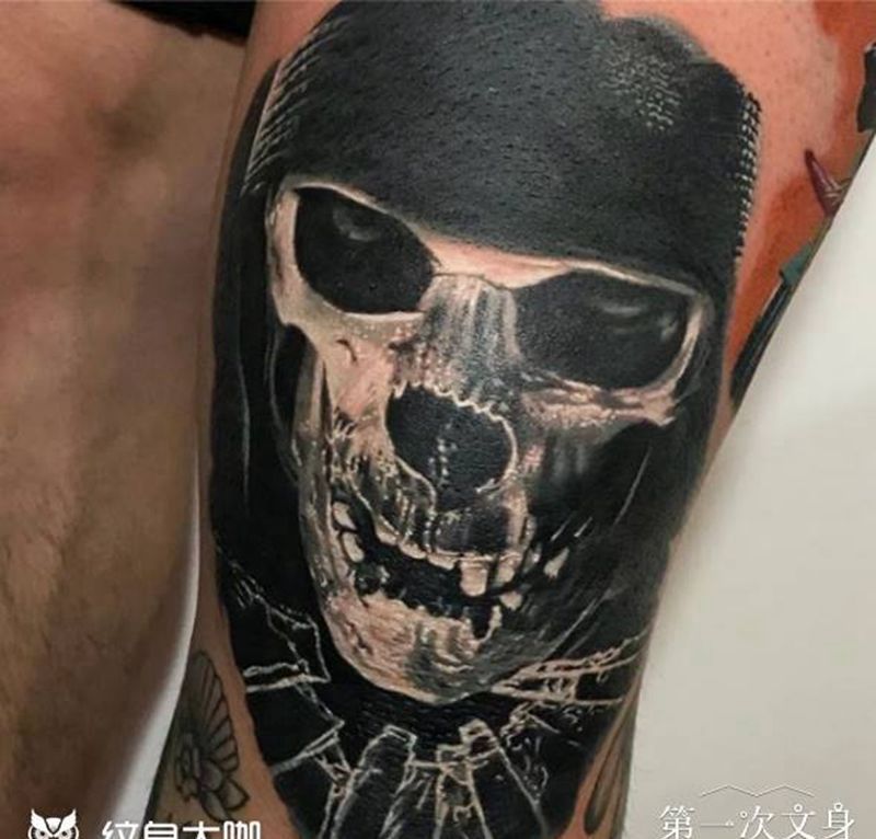 骷髅纹身图片_腿部欧美写实纹身图案