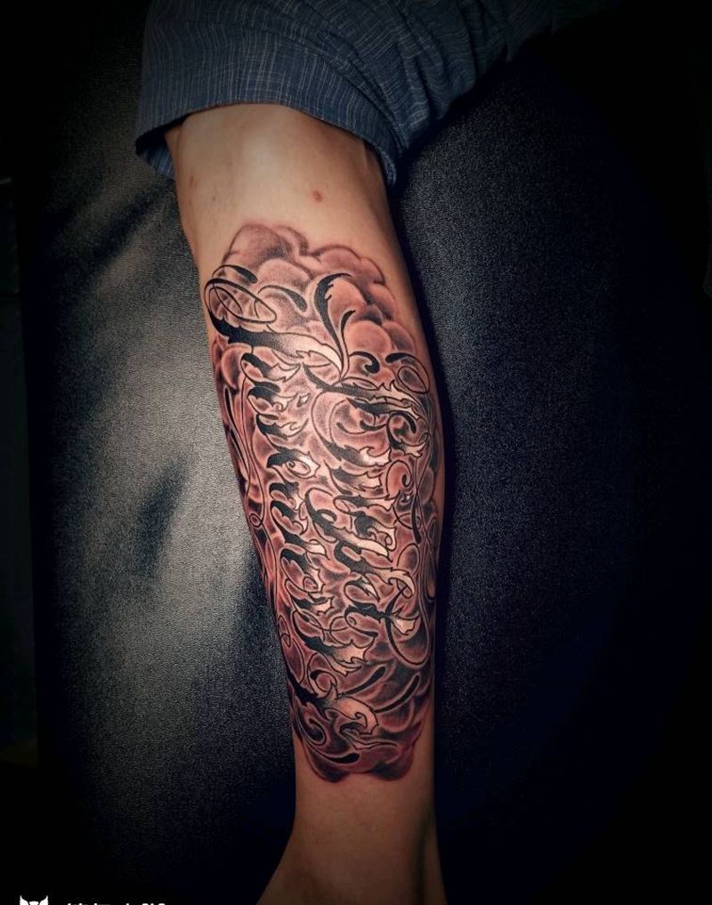 璀璨烟火纹身图片_腿部欧美字符图腾原创成品纹身图案