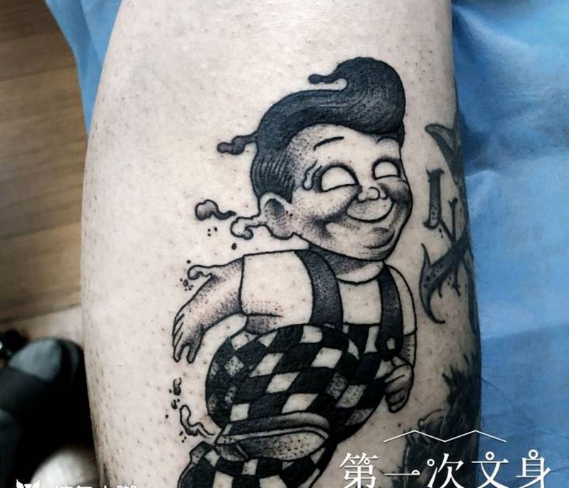 小鬼纹身图片_腿部暗黑纹身图案