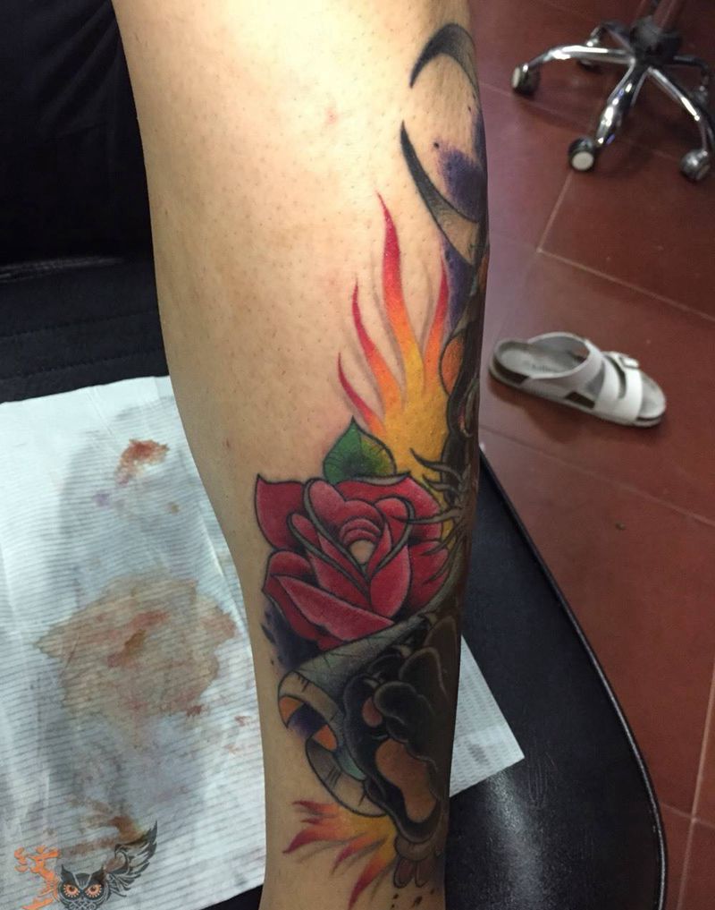 school豹子未完成纹身图片_欧美传统肖像清新写实动物腿部手臂原创宗教纹身图案