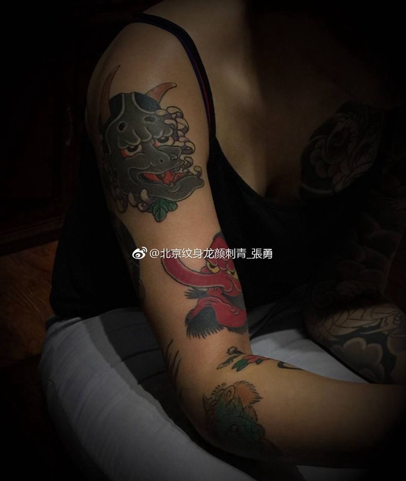日式 小图纹身图片_成品手臂传统老传统刺青花臂女神花臂原创鬼神纹身图案