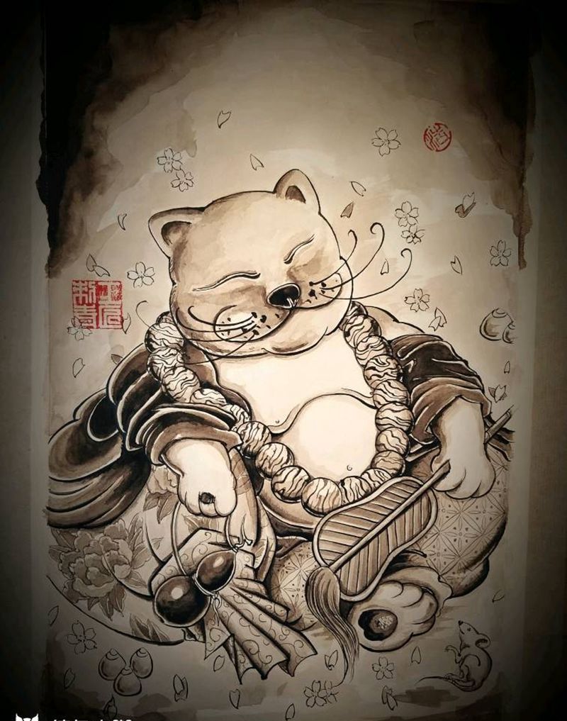 布袋猫纹身图片_肩部腹部手臂腿部传统习俗动物宗教原创手稿纹身图案