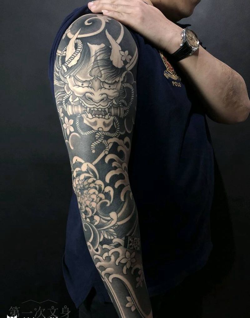 般若艺妓花臂纹身图片_脚部传统原创般若艺妓浪石头成品纹身图案