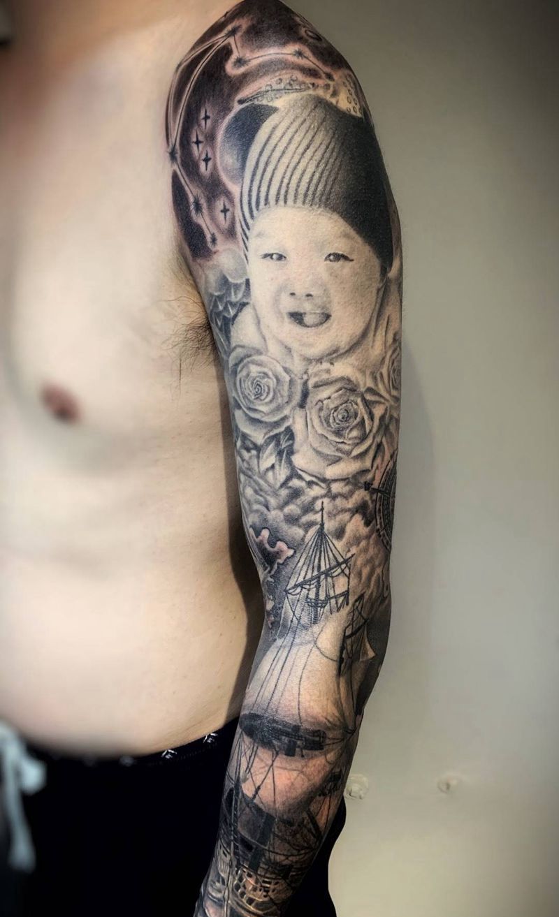 爱的远航纹身图片_手臂肩部欧美写实纹身图案