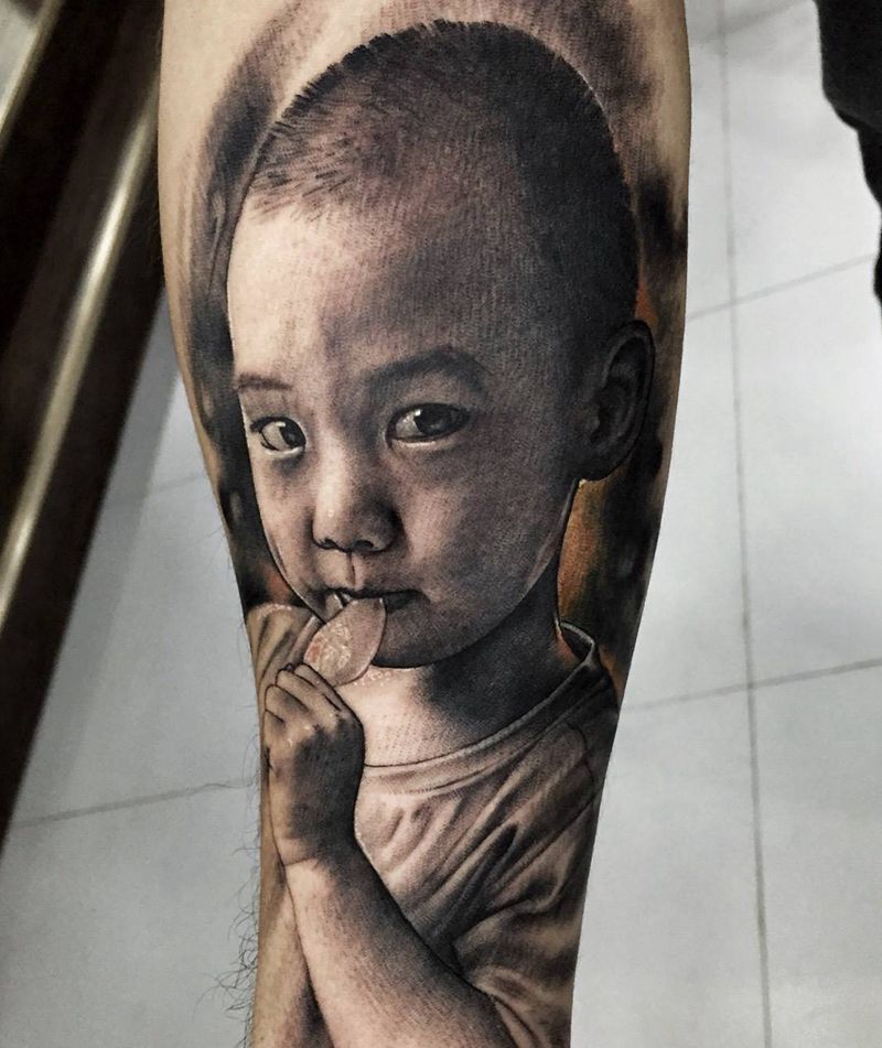 小孩纹身图片_成品手臂肖像写实人物原创纹身图案