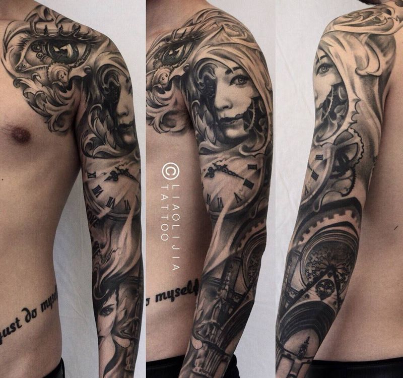 花臂纹身图片_成品手臂写实原创人物欧美纹身图案