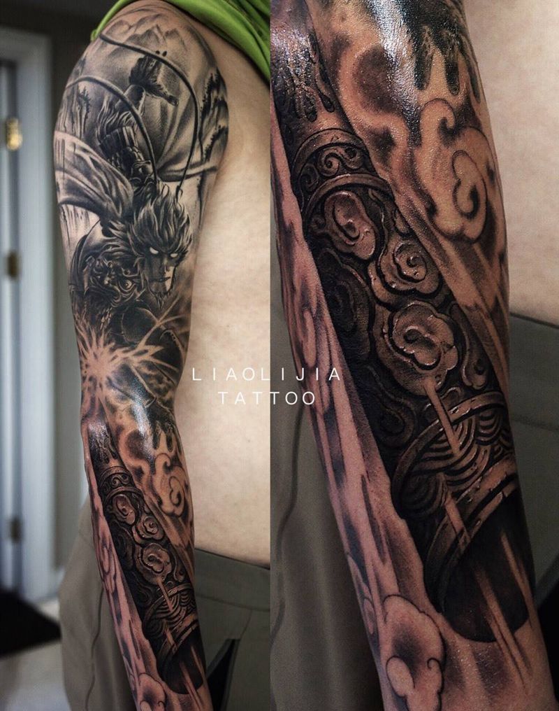 花臂纹身图片_成品习俗肖像传统手臂原创鬼神手稿纹身图案