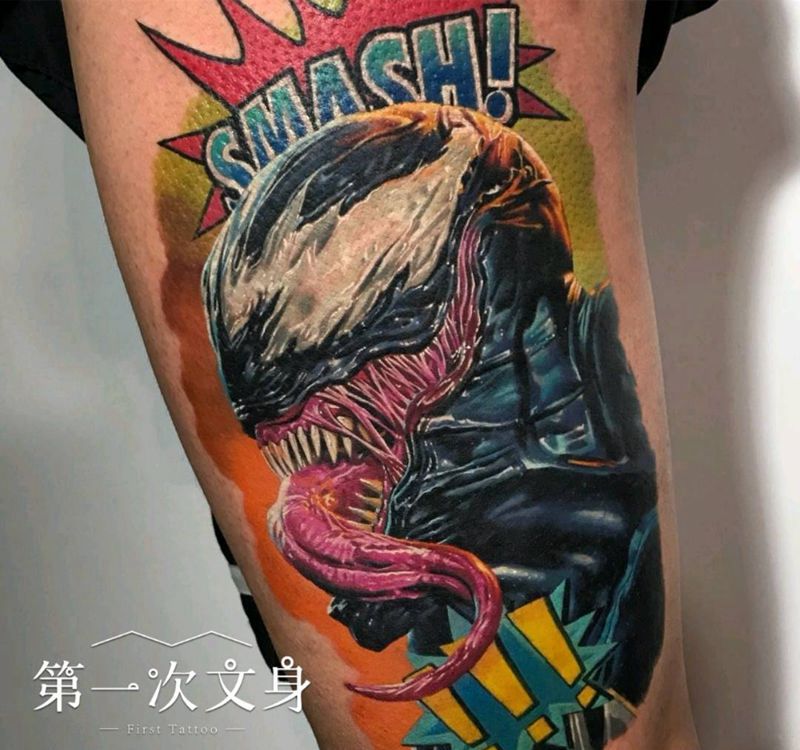 毒液纹身图片_腿部欧美写实彩色写实纹身图案