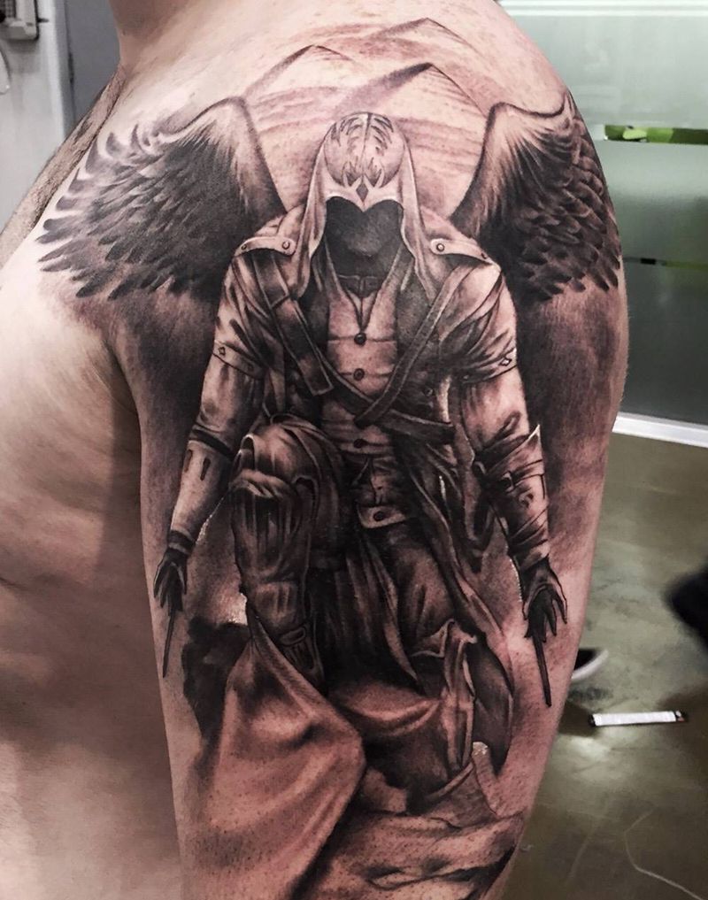 刺客纹身图片_欧美写实手臂成品人物宗教原创字符纹身图案