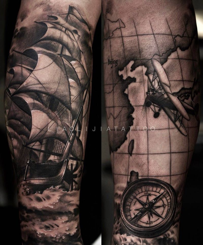 帆船纹身图片_成品腿部写实原创纹身图案