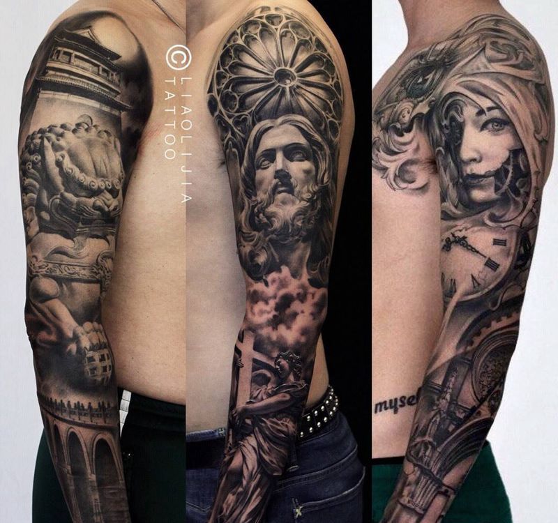 花臂纹身图片_成品写实原创欧美肖像人物手臂纹身图案