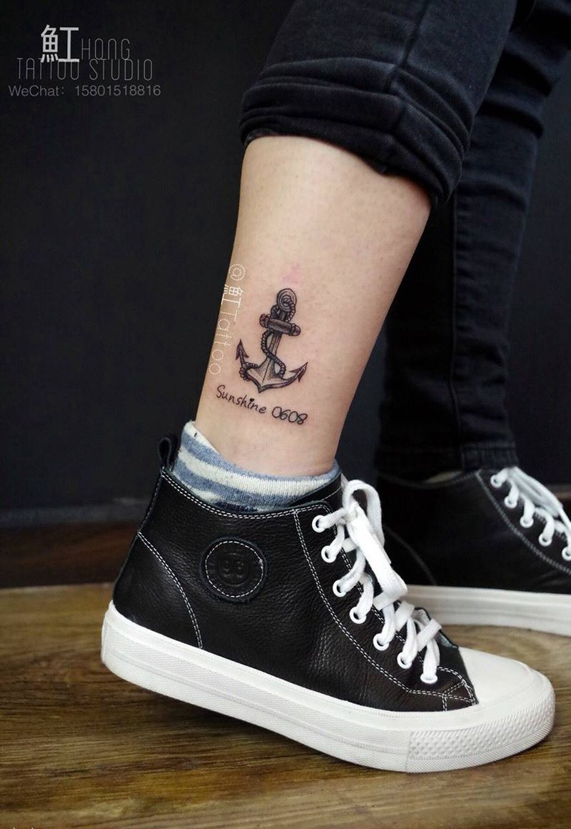 ⚓️船锚纹身图片_成品腿部清新静物纹身图案
