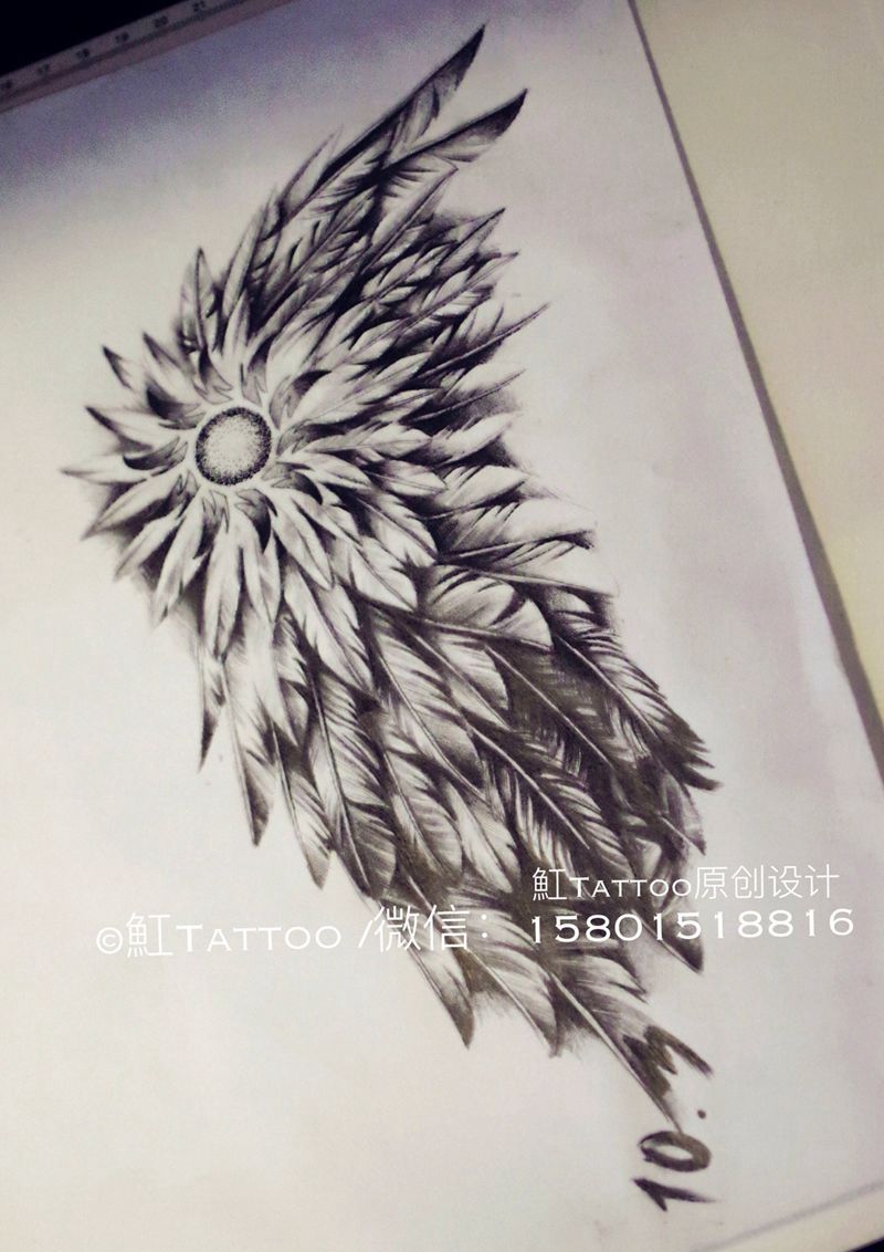 翅膀纹身图片_手稿成品背部欧美写实原创静物几何纹身图案