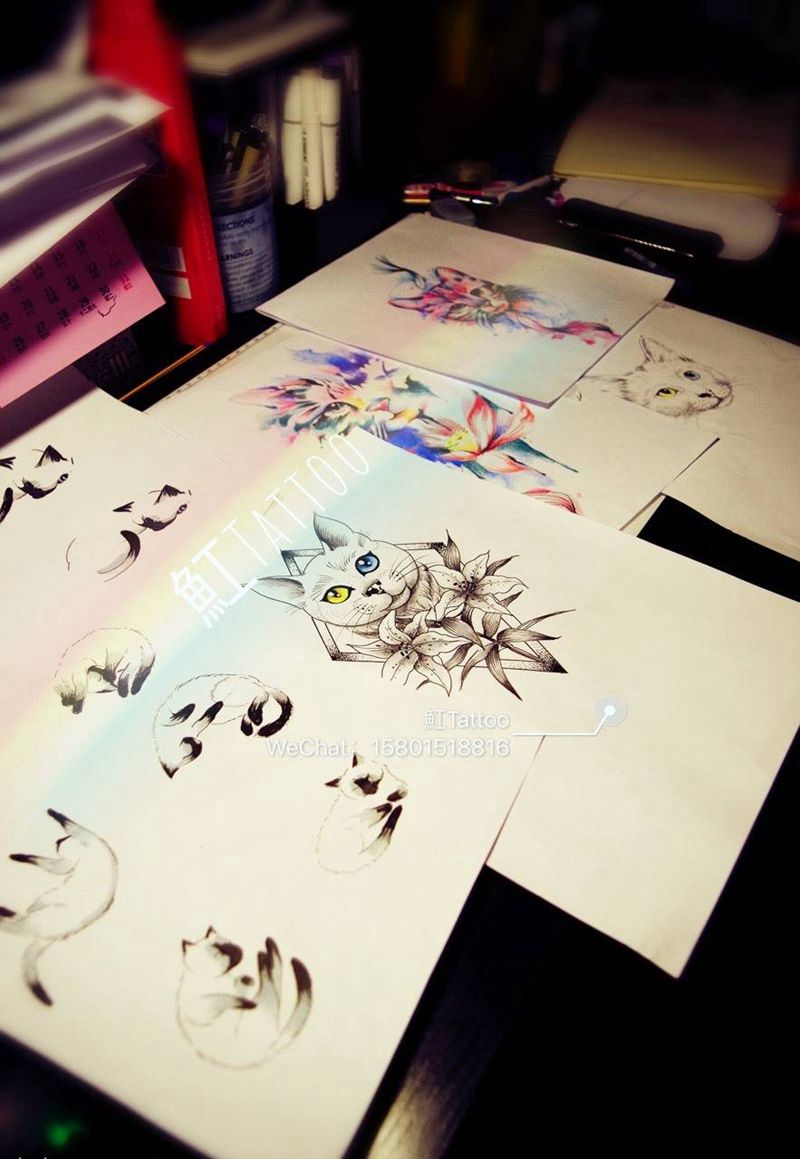 原创【猫】手稿纹身图片_手稿写实清新欧美原创动物纹身图案