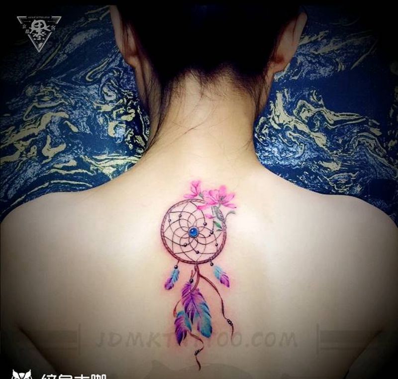 纹身/刺青/小清新/捕梦网纹身图片_背部腿部水彩几何小清新纹身图案