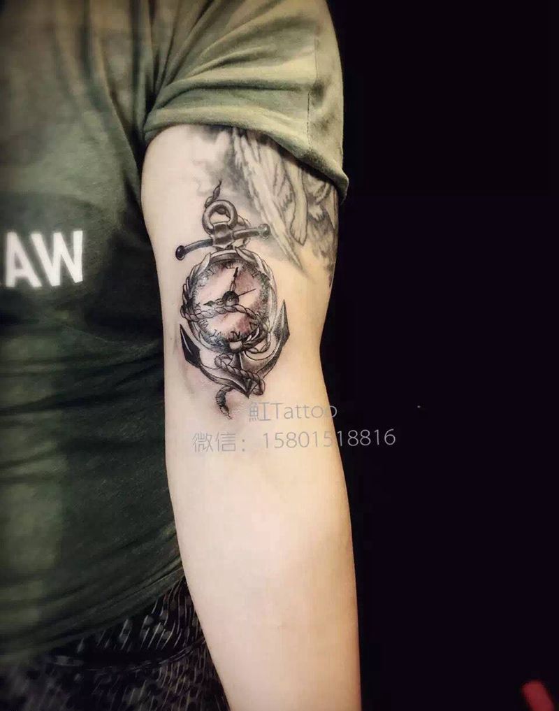 锚与表纹身图片_成品手稿手臂欧美静物原创纹身图案