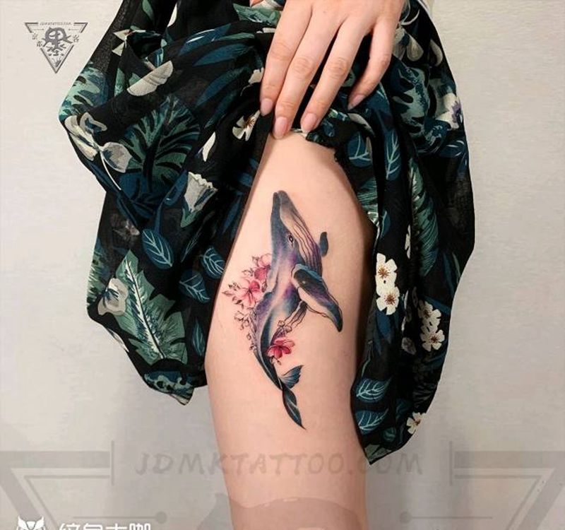 纹身/刺青/鲸鱼纹身图片_腿部水彩小清新纹身图案
