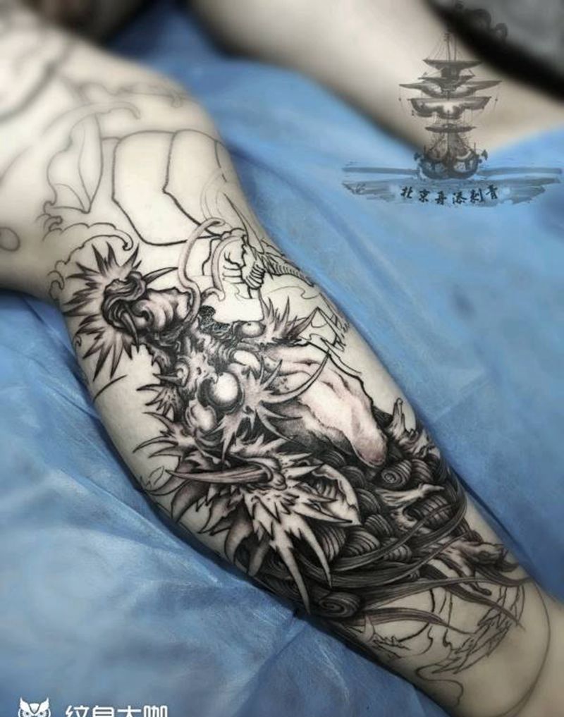 龙纹身图片_腿部传统成品纹身图案
