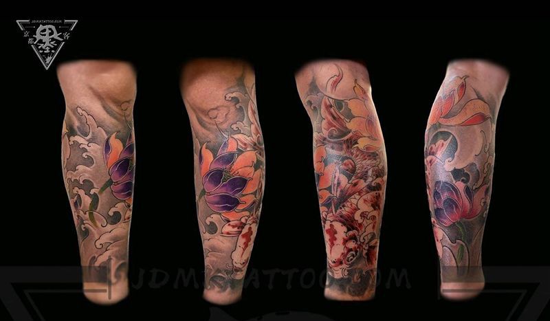 纹身/刺青/锦鲤/包小腿纹身图片_腿部水彩新传统锦鲤包小腿纹身图案