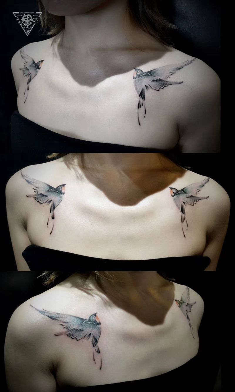 纹身/ 刺青/锁骨纹身纹身图片_肩部胸部水彩锁骨小清新纹身图案