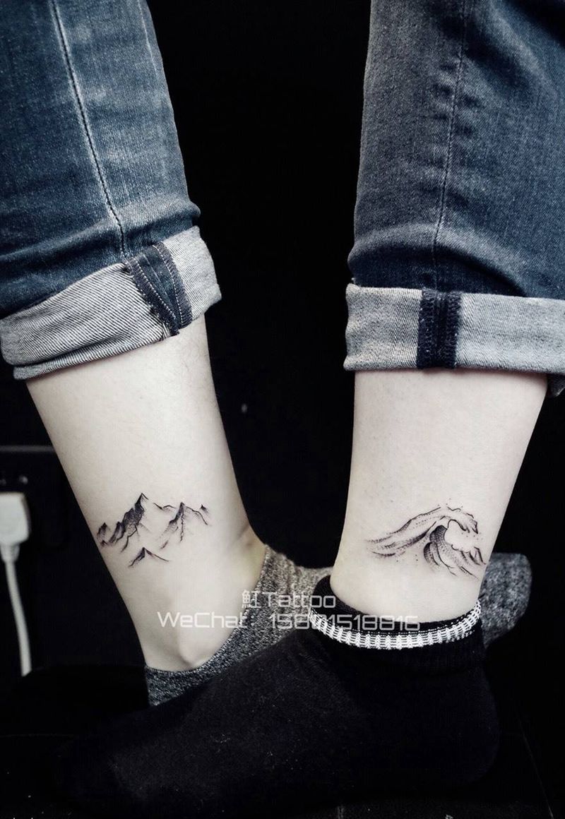 情侣图【海浪+山{纹身图片_成品腿部脚部清新静物纹身图案