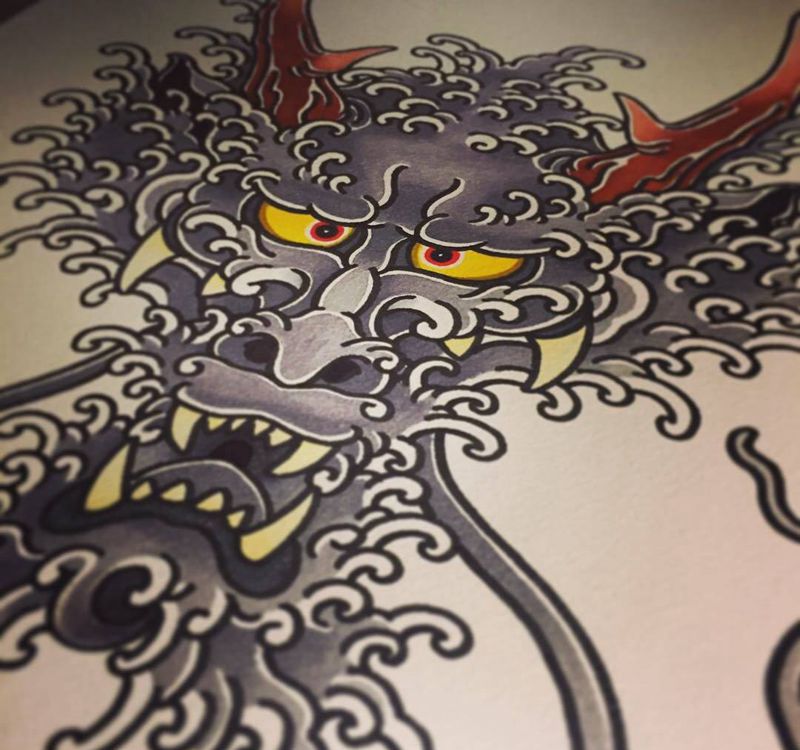 浪龙!纹身图片_手稿传统动物鬼神纹身图案