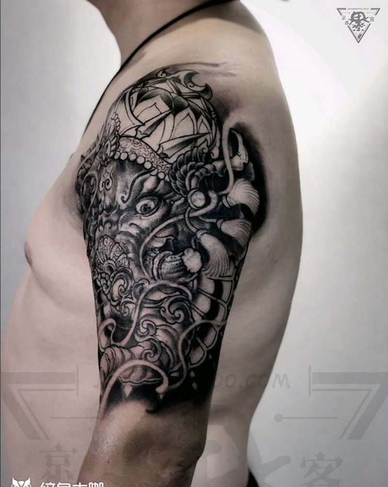 纹身/刺青/象神纹身纹身图片_手臂欧美写实新传统象神纹身图案