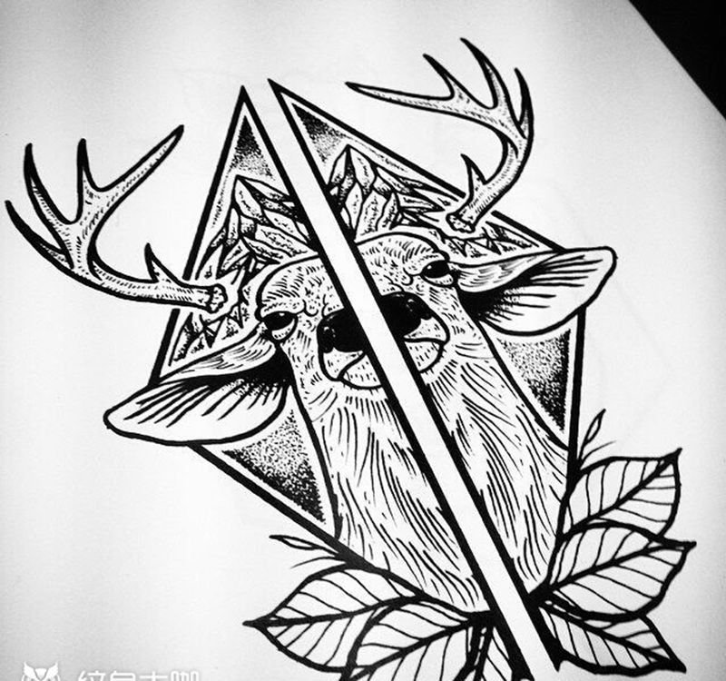 鹿手稿纹身图片_插画手稿清新欧美贴纸动物原创纹身图案