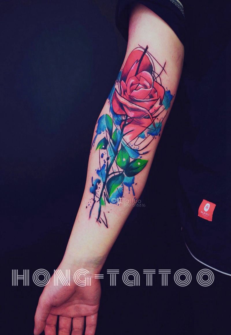水彩玫瑰纹身图片_成品手臂欧美清新植物纹身图案