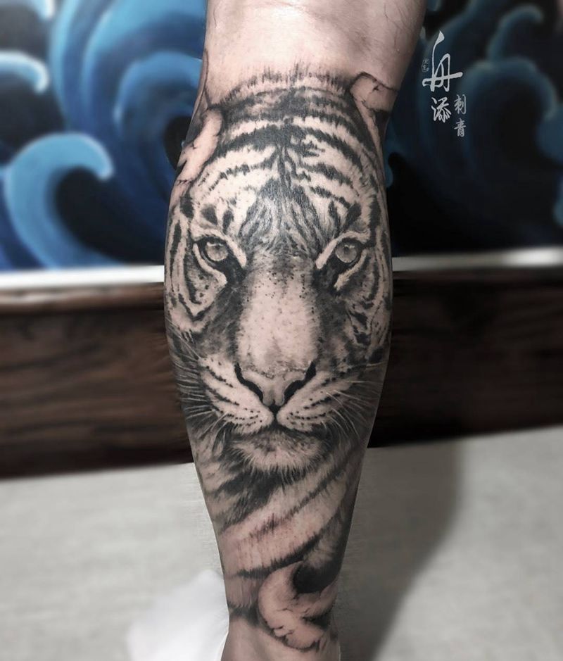 包小腿纹身图片_成品腿部欧美写实动物鬼神原创纹身图案